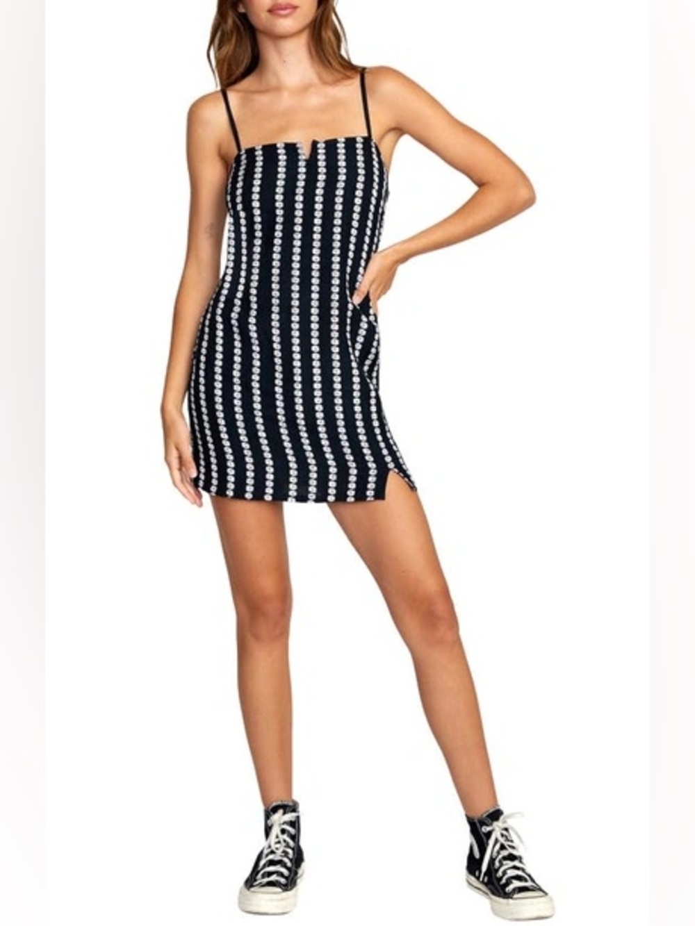RVCA Black White Paris Dice Print Linen Blend Sleeveless Mini Dress Size Small
